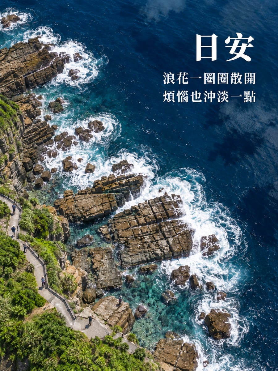 東北角海岸。圖中文字：日安，浪花一圈圈散開，煩惱也沖淡一點