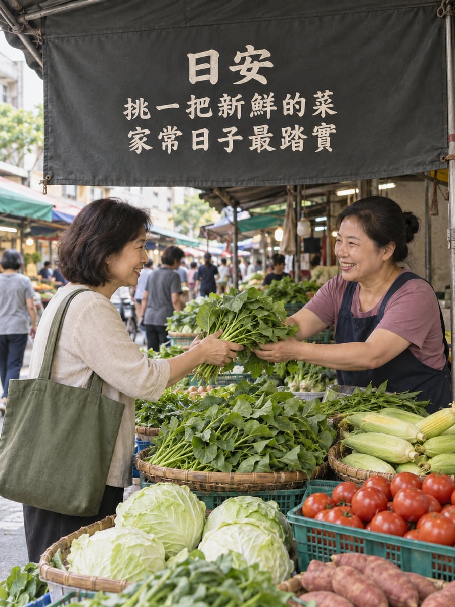 市場買菜。圖中文字：日安，挑一把新鮮的菜，家常日子最踏實