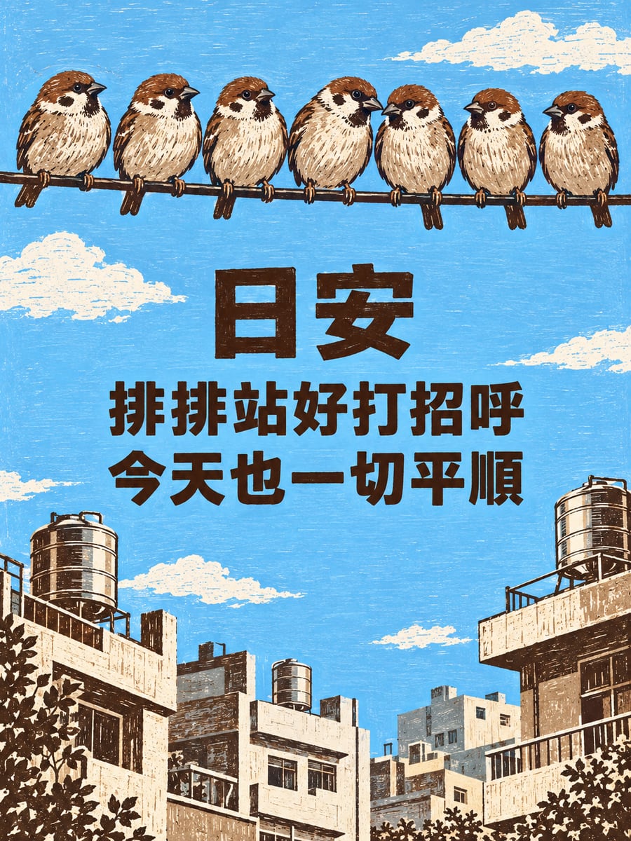 電線上的麻雀。圖中文字：日安，排排站好打招呼，今天也一切平順