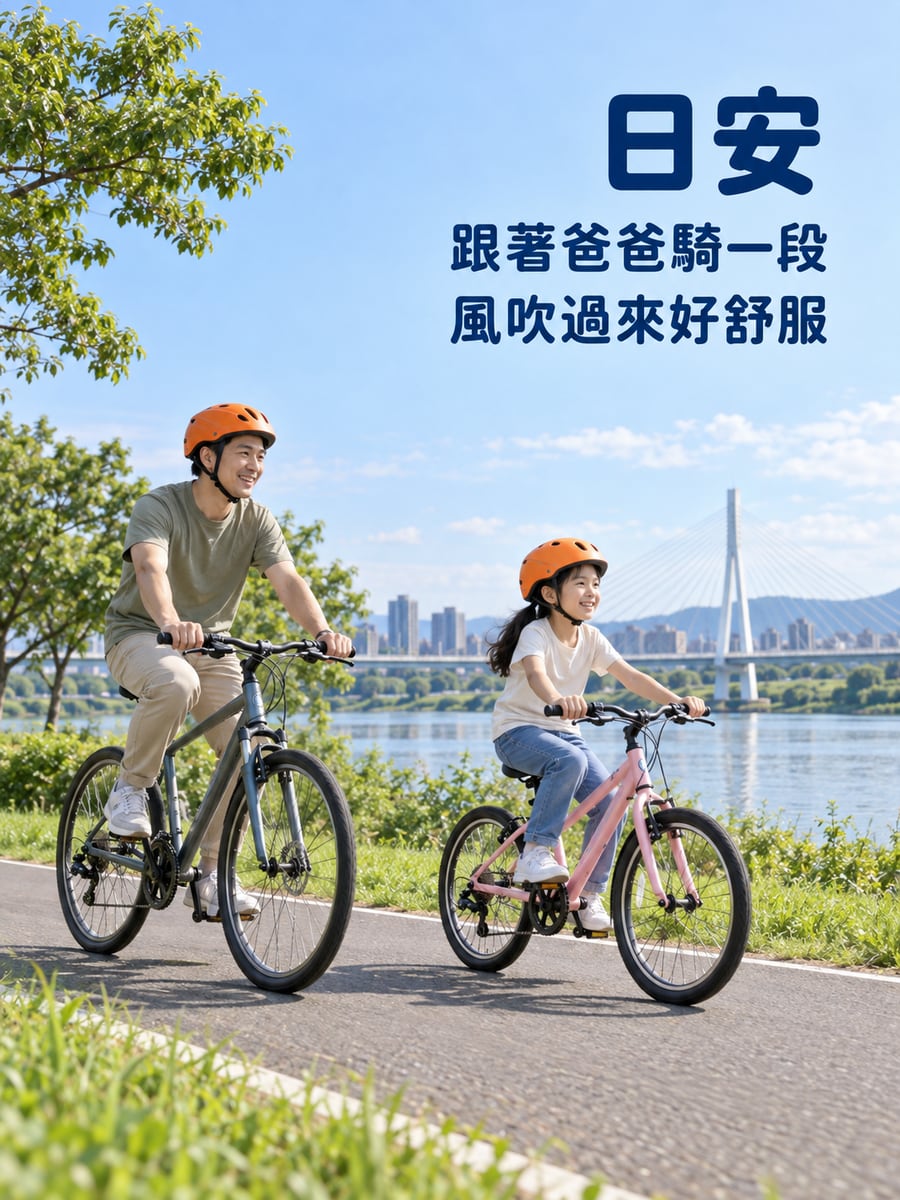 河濱騎車。圖中文字：日安，跟著爸爸騎一段，風吹過來好舒服