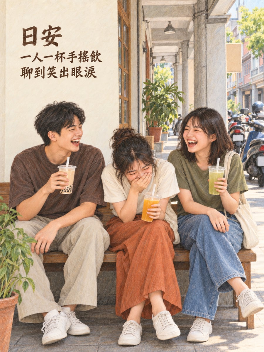 手搖飲聊天。圖中文字：日安，一人一杯手搖飲，聊到笑出眼淚