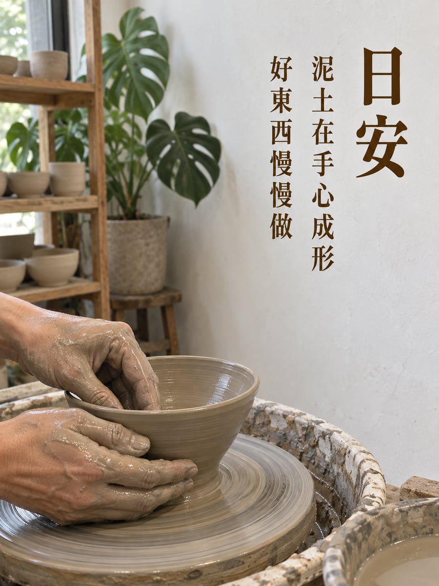 拉坯的手。圖中文字：日安，泥土在手心成形，好東西慢慢做