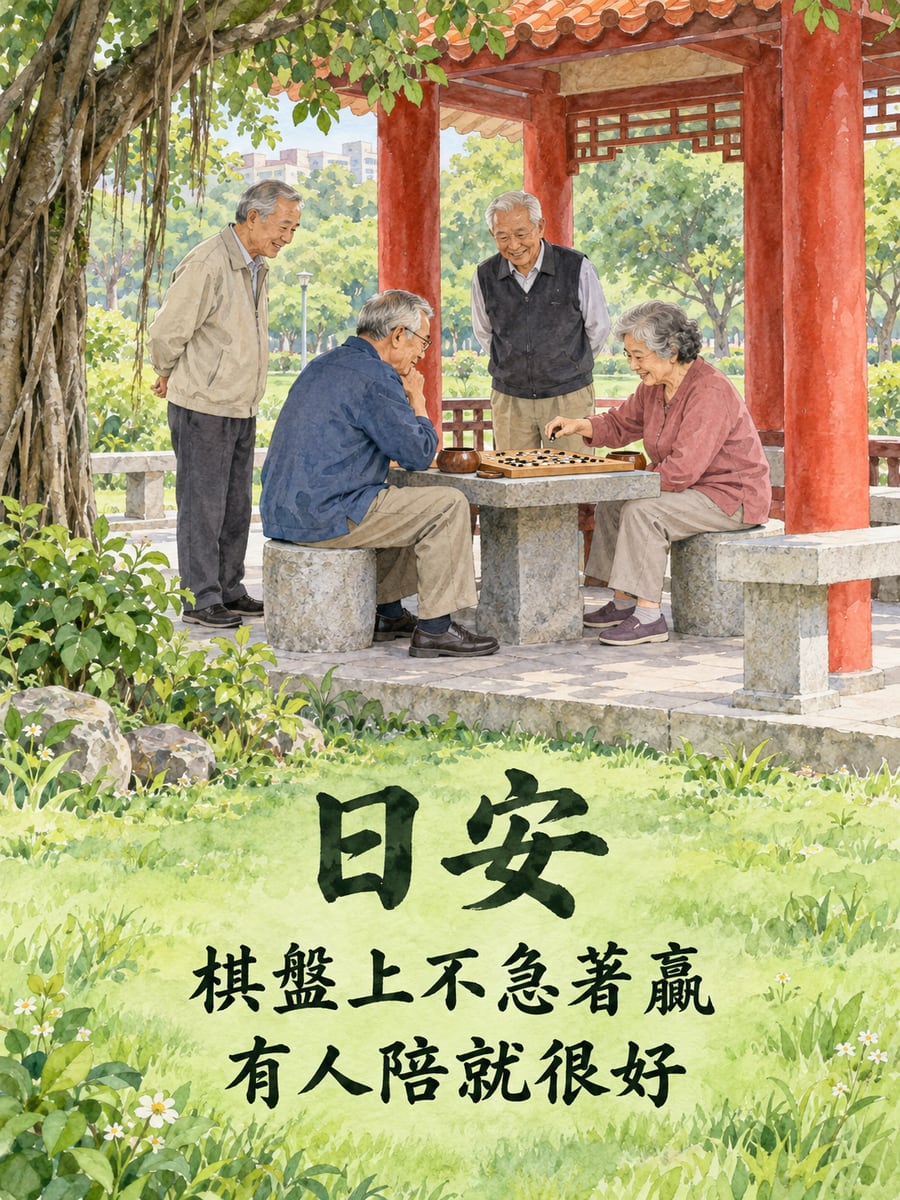 涼亭下圍棋。圖中文字：日安，棋盤上不急著贏，有人陪就很好