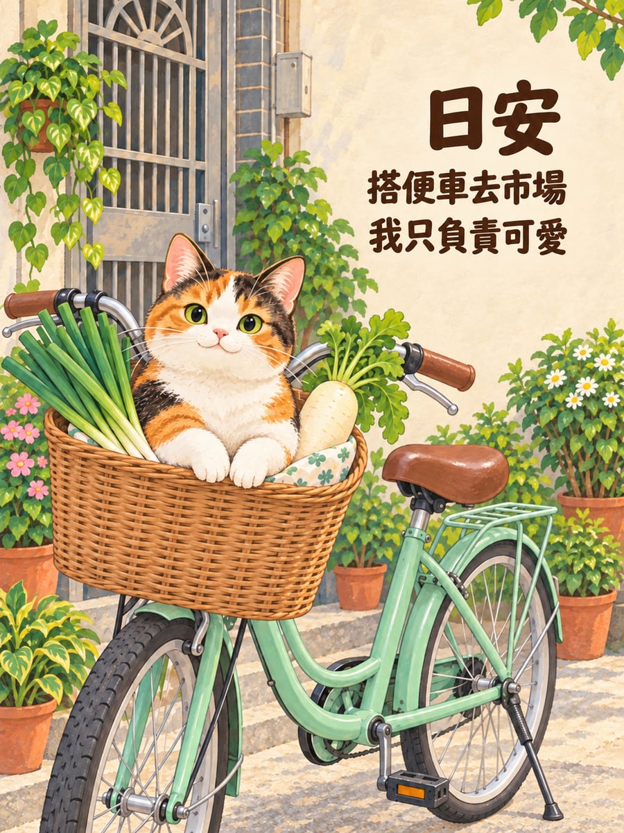 菜籃裡的貓。圖中文字：日安，搭便車去市場，我只負責可愛