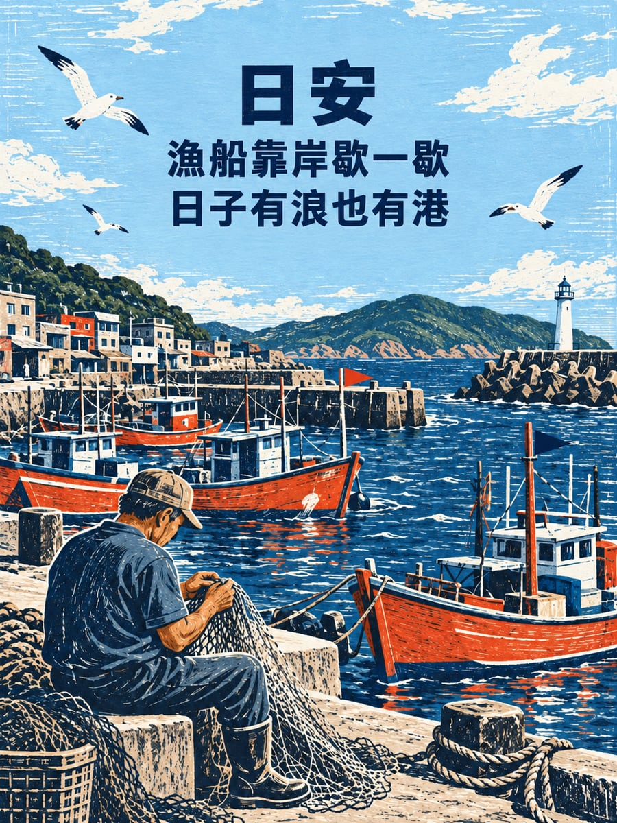 漁港版畫。圖中文字：日安，漁船靠岸歇一歇，日子有浪也有港