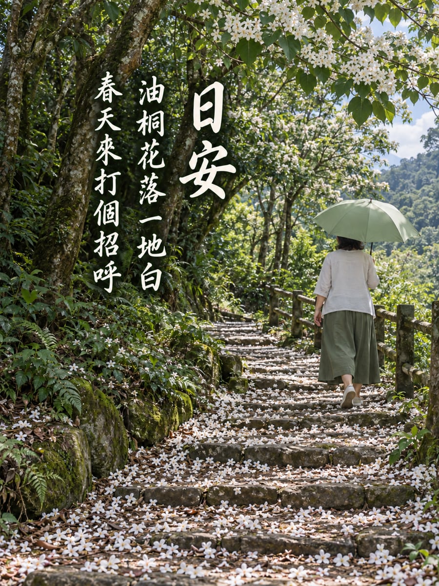 油桐花步道。圖中文字：日安，油桐花落一地白，春天來打個招呼