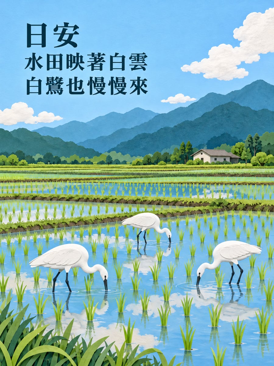 水田白鷺鷥。圖中文字：日安，水田映著白雲，白鷺也慢慢來