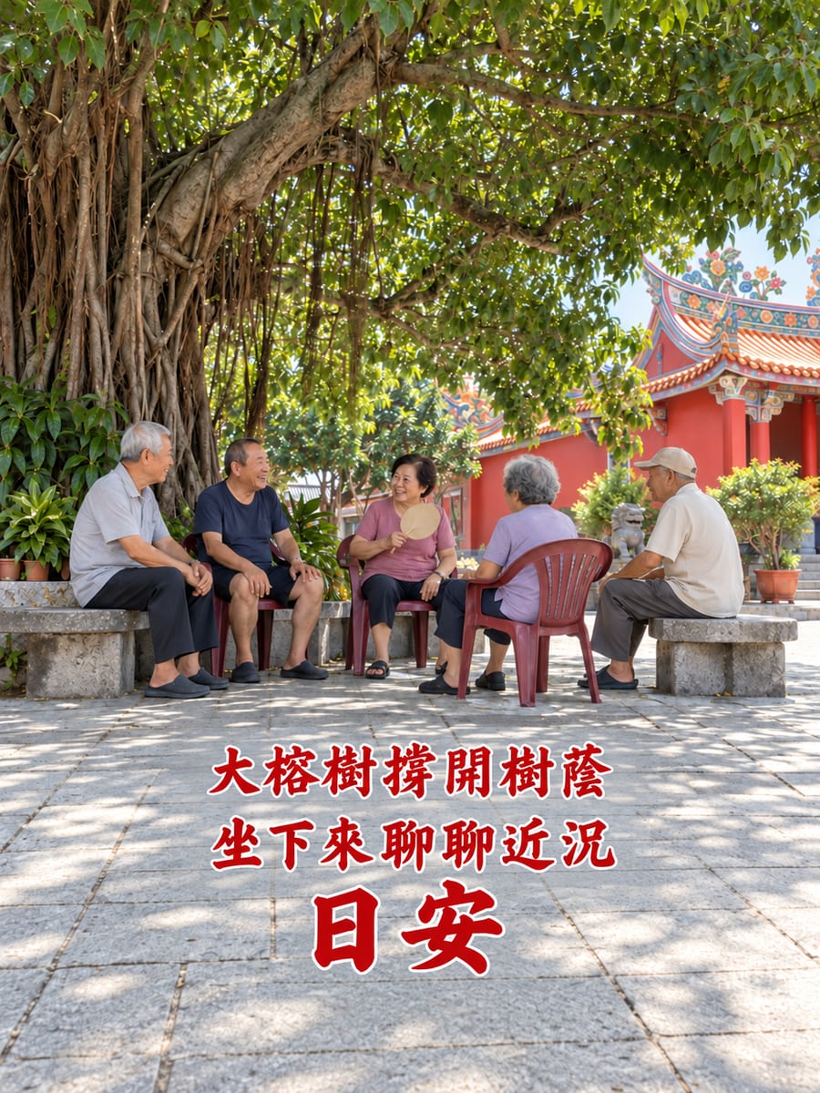 廟埕榕樹下。圖中文字：日安，大榕樹撐開樹蔭，坐下來聊聊近況
