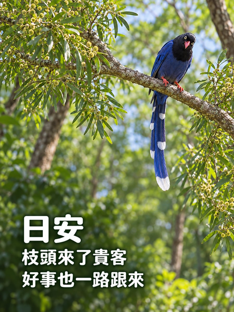 枝頭藍鵲。圖中文字：日安，枝頭來了貴客，好事也一路跟來