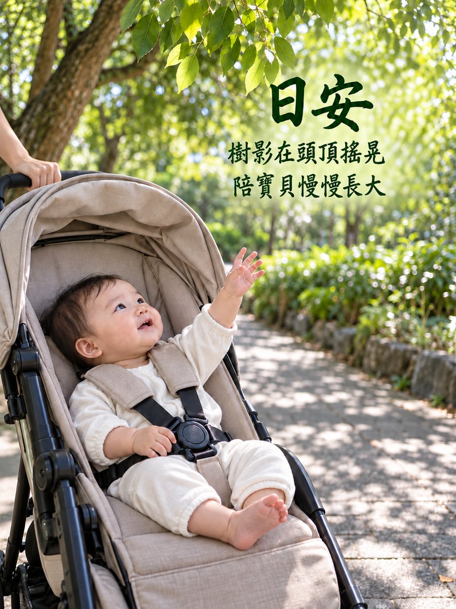 推車看樹影。圖中文字：日安，樹影在頭頂搖晃，陪寶貝慢慢長大