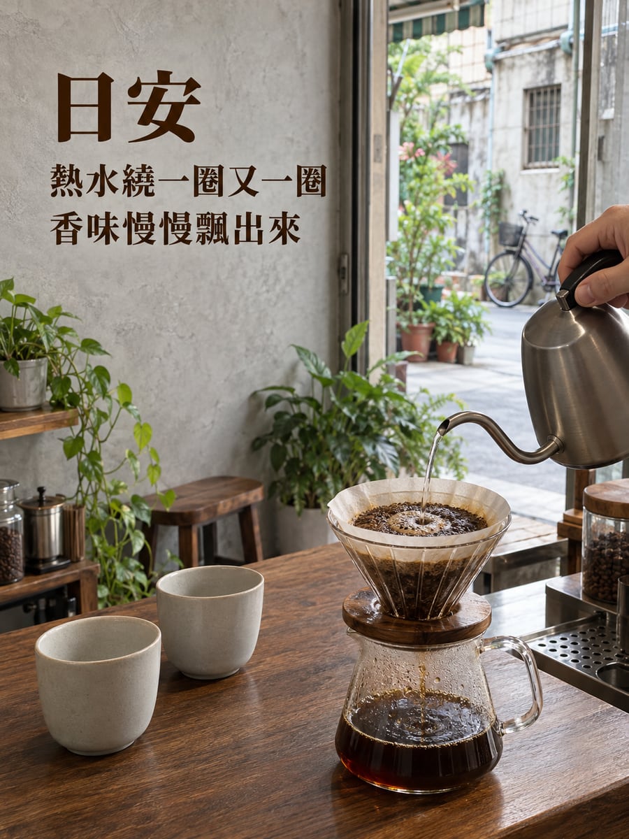 巷弄手沖咖啡。圖中文字：日安，熱水繞一圈又一圈，香味慢慢飄出來