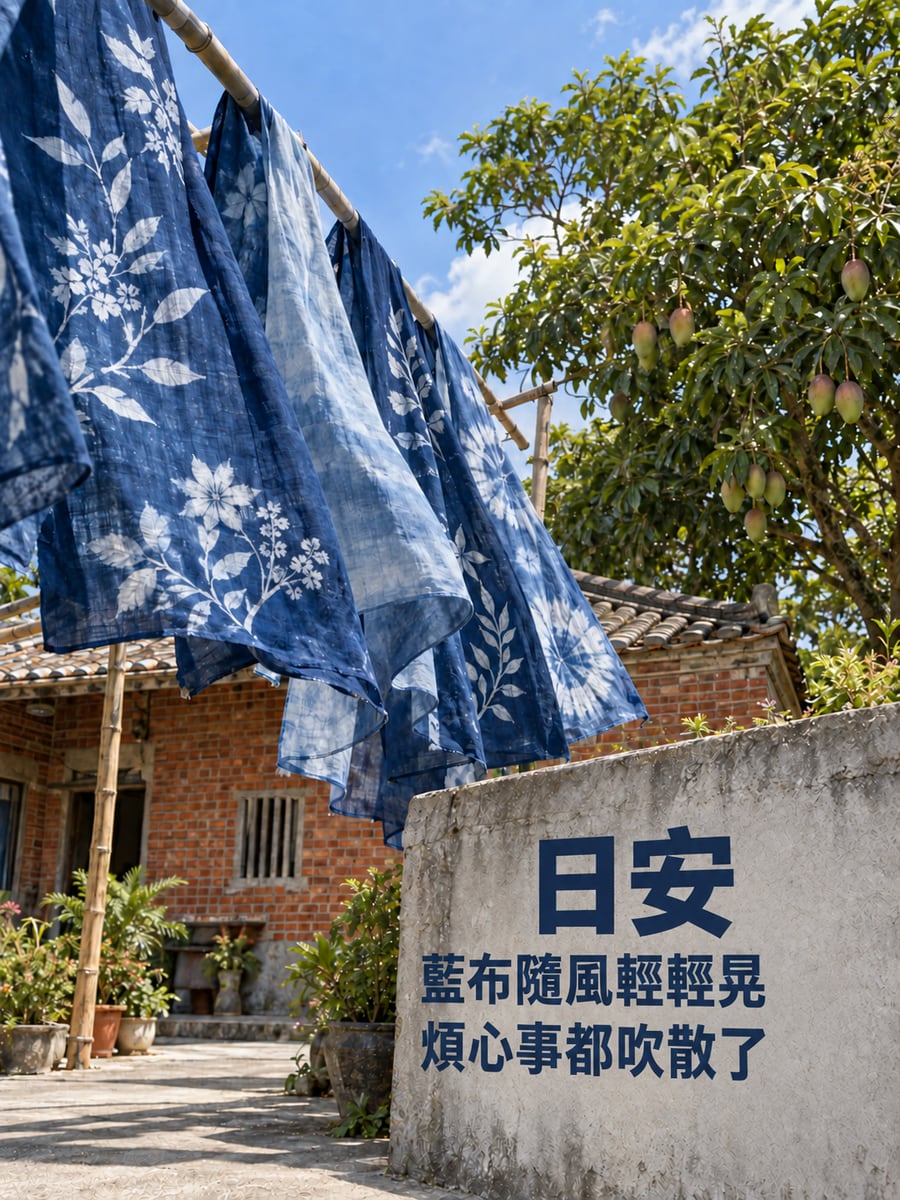 藍染布隨風。圖中文字：日安，藍布隨風輕輕晃，煩心事都吹散了