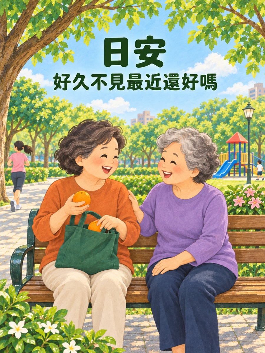 長椅上的老朋友。圖中文字：日安，好久不見最近還好嗎