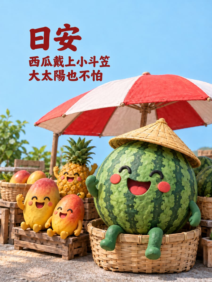 戴斗笠的西瓜。圖中文字：日安，西瓜戴上小斗笠，大太陽也不怕