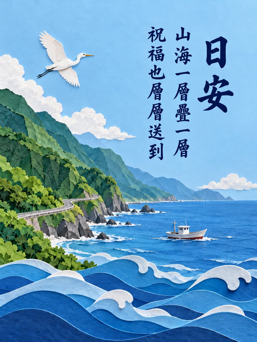 層層山海紙藝。圖中文字：日安，山海一層疊一層，祝福也層層送到