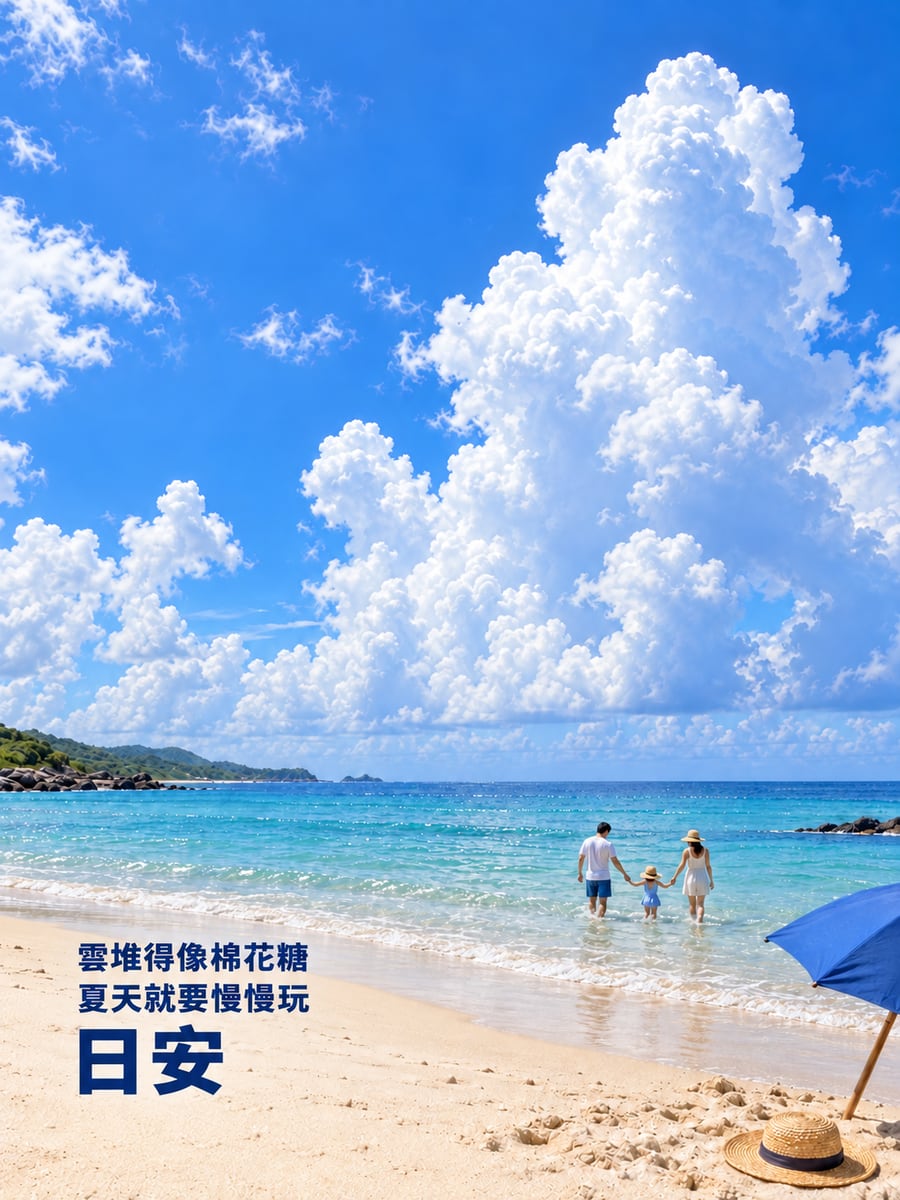夏日海灘積雲。圖中文字：日安，雲堆得像棉花糖，夏天就要慢慢玩