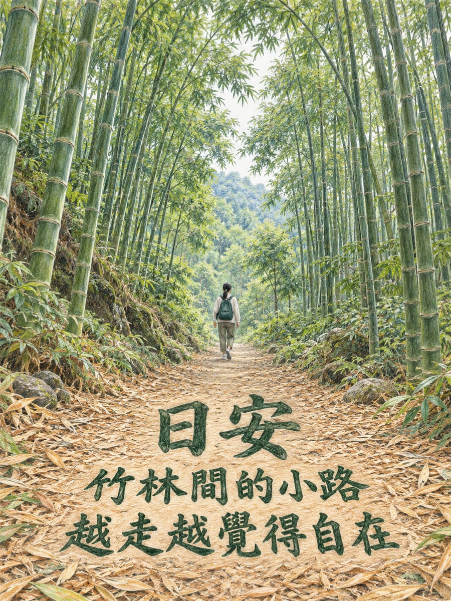 竹林小徑。圖中文字：日安，竹林間的小路，越走越覺得自在