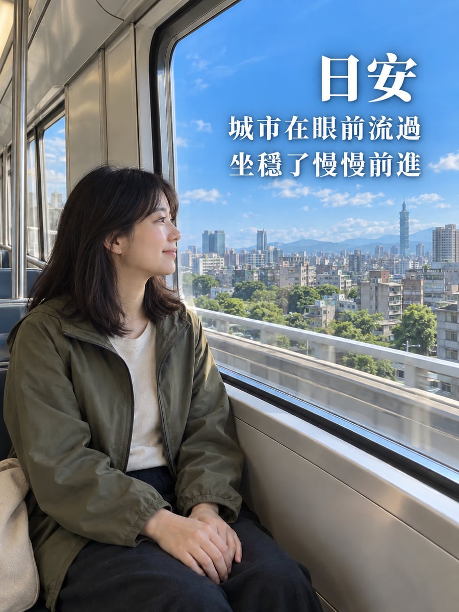捷運看城市。圖中文字：日安，城市在眼前流過，坐穩了慢慢前進