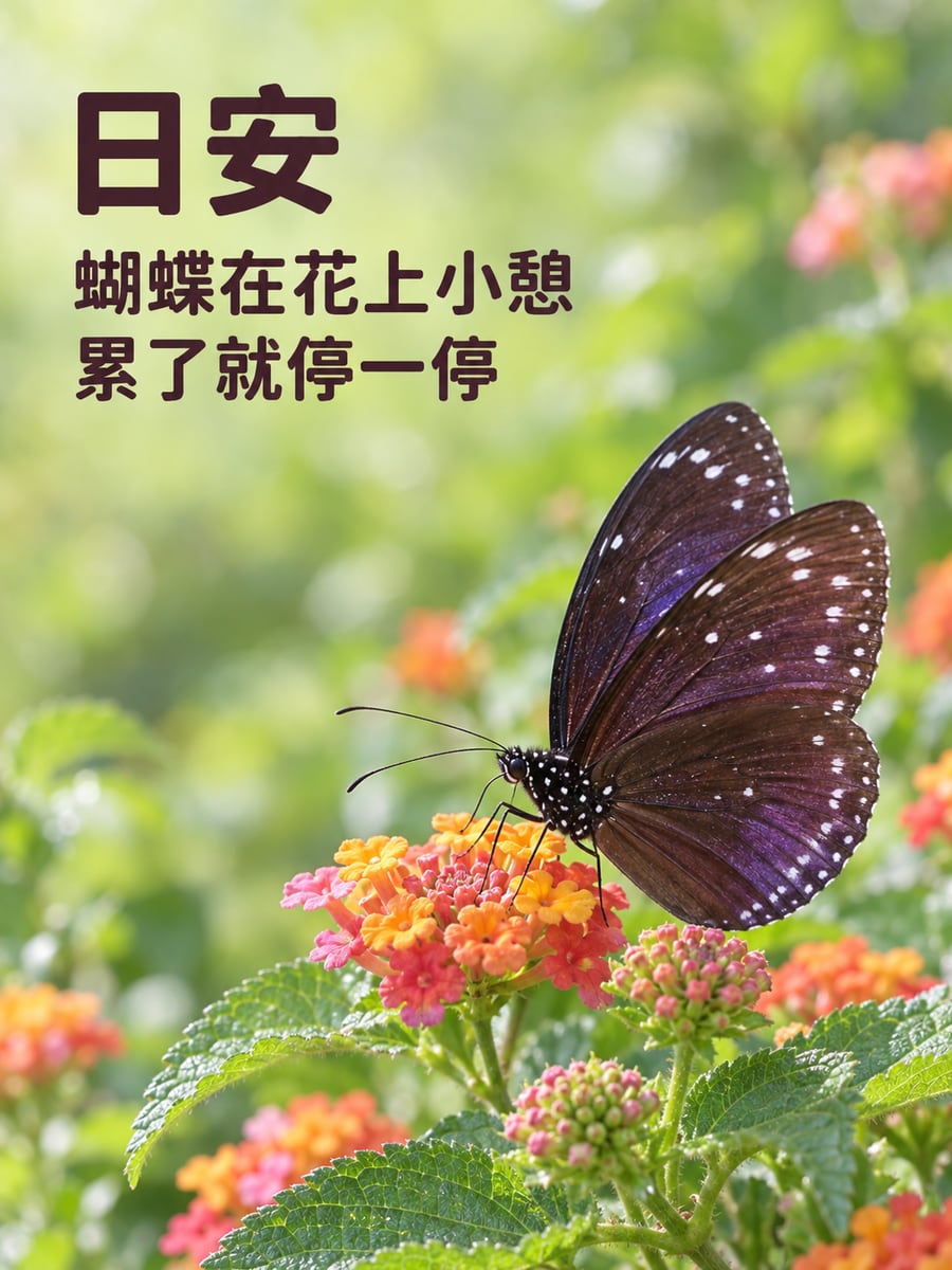 馬纓丹上的蝴蝶。圖中文字：日安，蝴蝶在花上小憩，累了就停一停