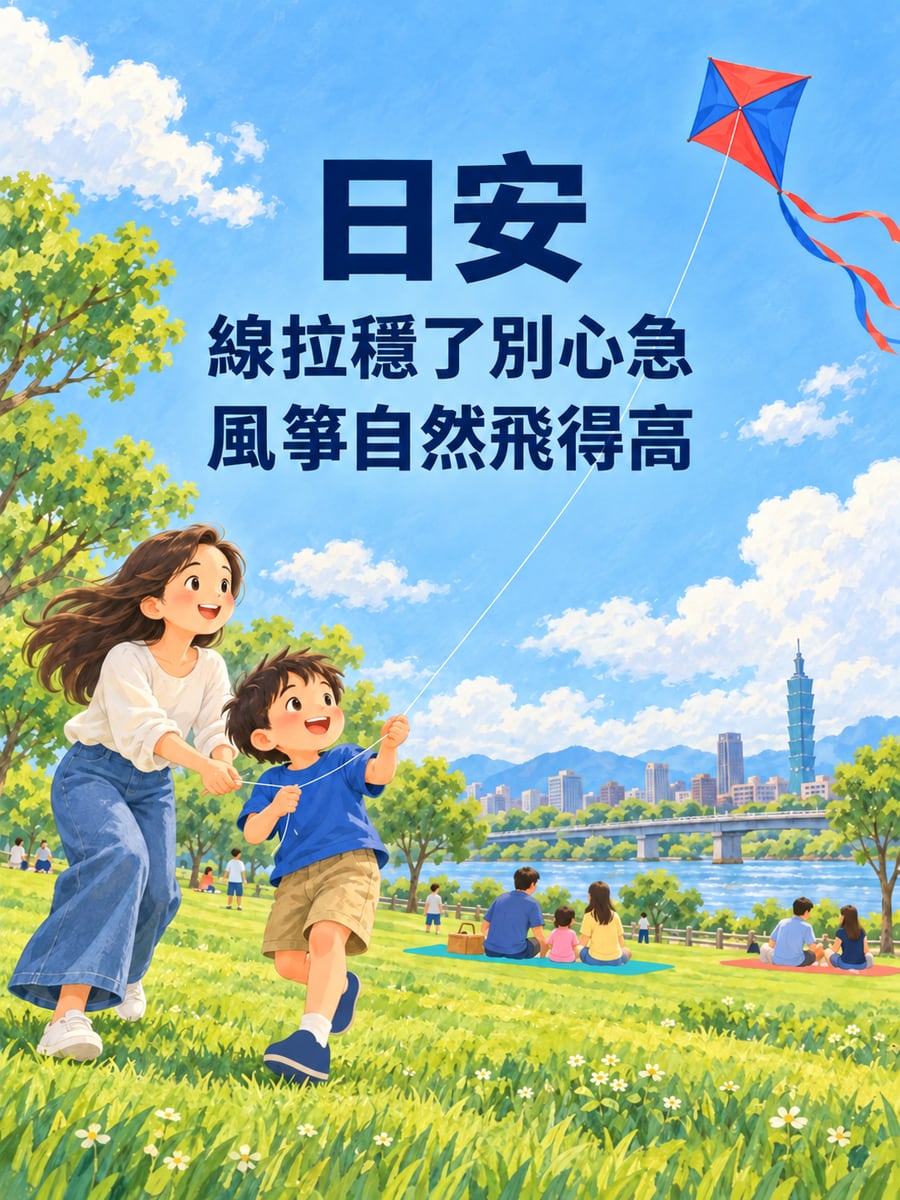 草地放風箏。圖中文字：日安，線拉穩了別心急，風箏自然飛得高