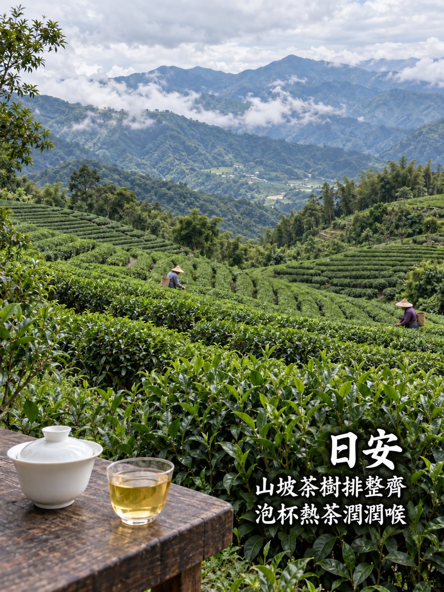 茶園山坡。圖中文字：日安，山坡茶樹排整齊，泡杯熱茶潤潤喉