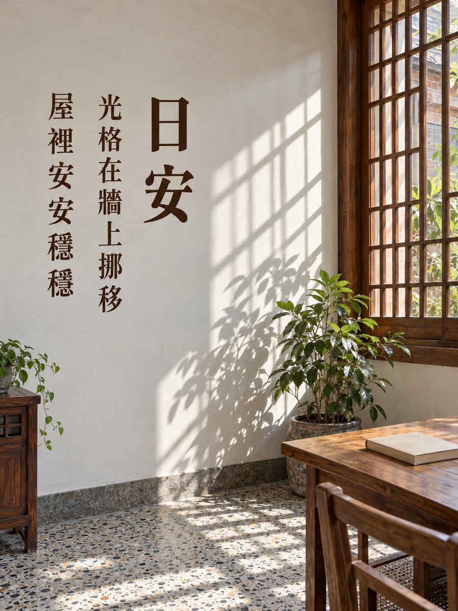 老屋窗櫺光影。圖中文字：日安，光格在牆上挪移，屋裡安安穩穩