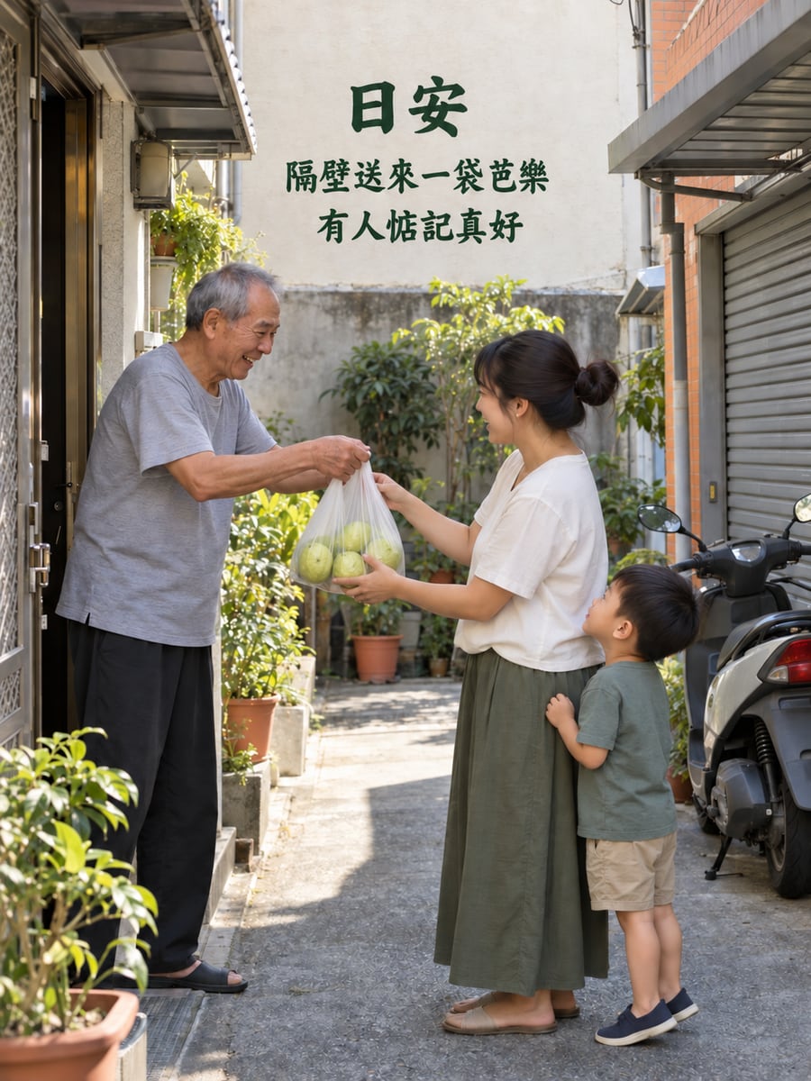 巷口分芭樂。圖中文字：日安，隔壁送來一袋芭樂，有人惦記真好