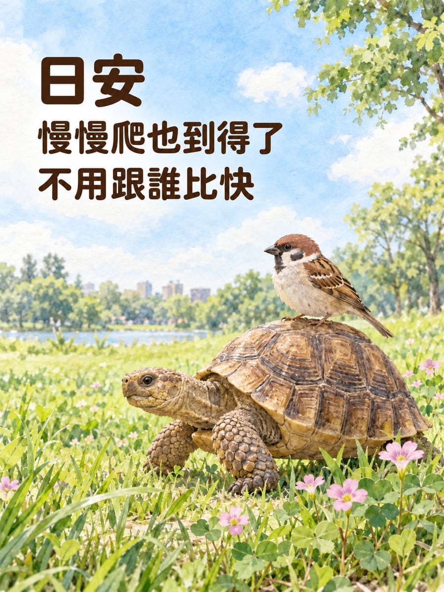 慢慢爬的陸龜。圖中文字：日安，慢慢爬也到得了，不用跟誰比快