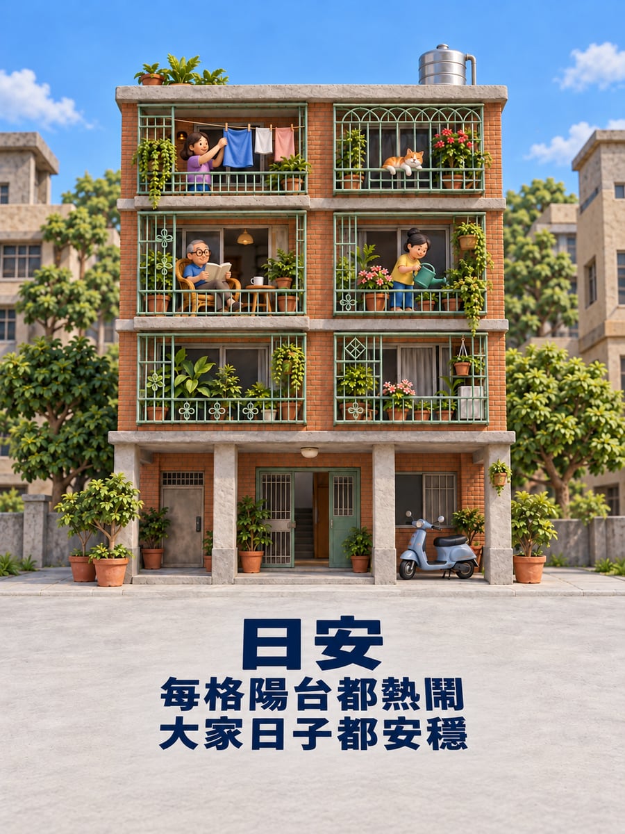 黏土公寓陽台。圖中文字：日安，每格陽台都熱鬧，大家日子都安穩
