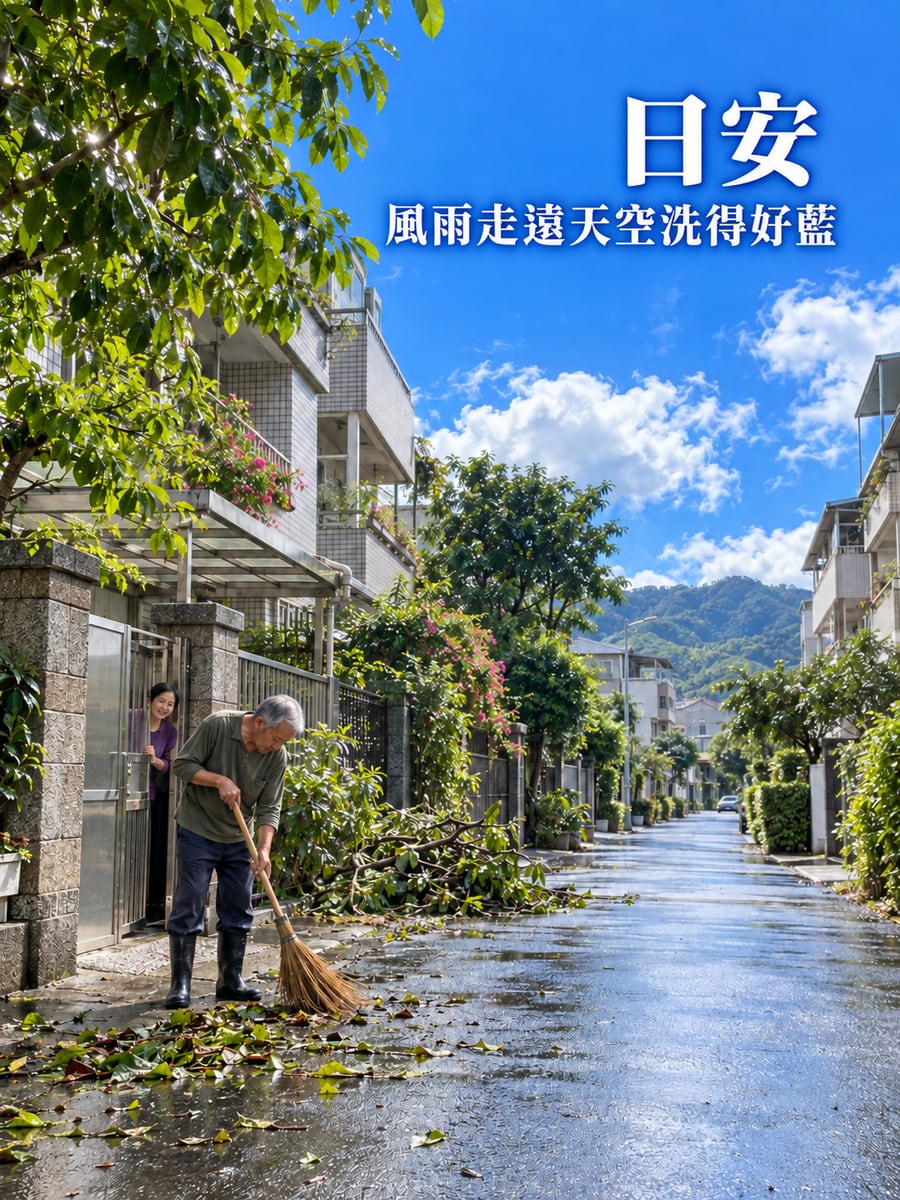 颱風過後。圖中文字：日安，風雨走遠天空洗得好藍