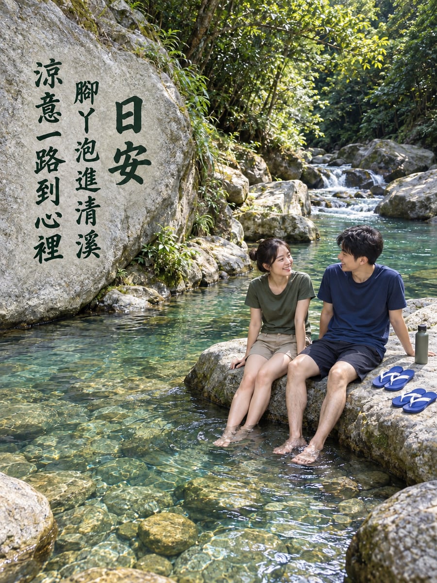 溪邊泡腳。圖中文字：日安，腳丫泡進清溪，涼意一路到心裡