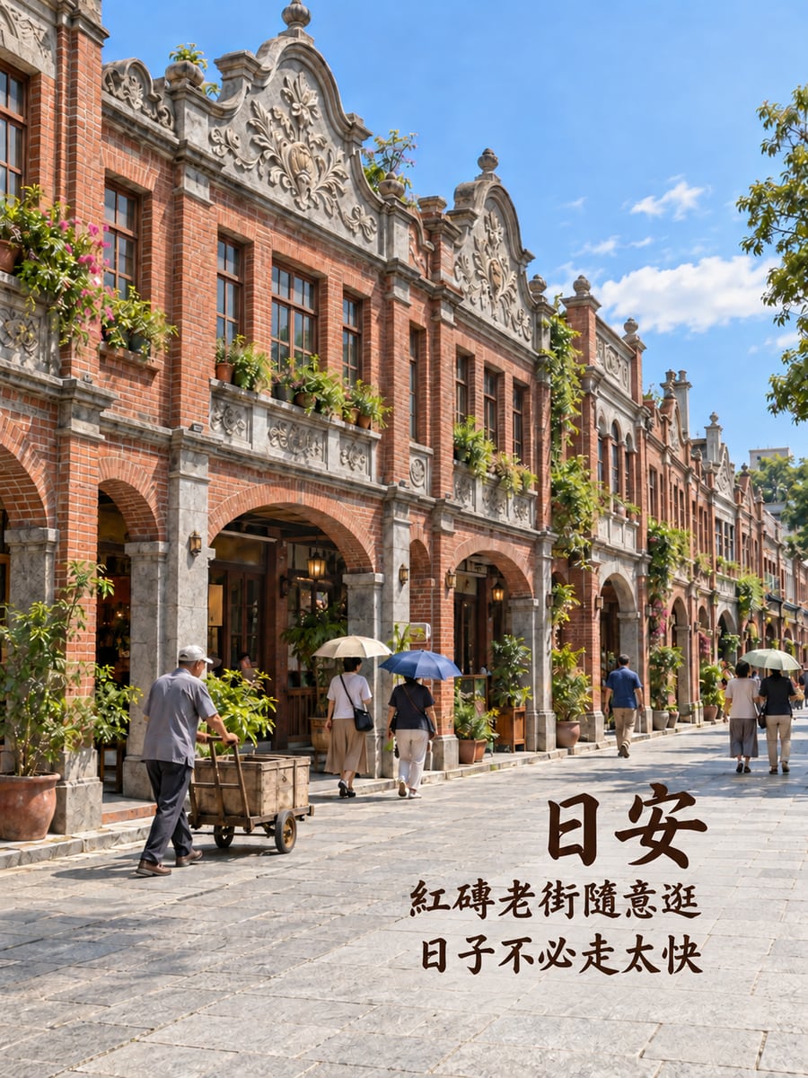 紅磚老街。圖中文字：日安，紅磚老街隨意逛，日子不必走太快
