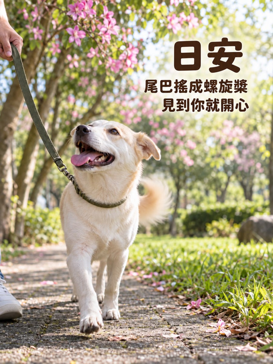 開心的米克斯。圖中文字：日安，尾巴搖成螺旋槳，見到你就開心