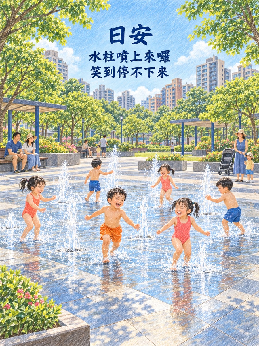 親水公園玩水。圖中文字：日安，水柱噴上來囉，笑到停不下來