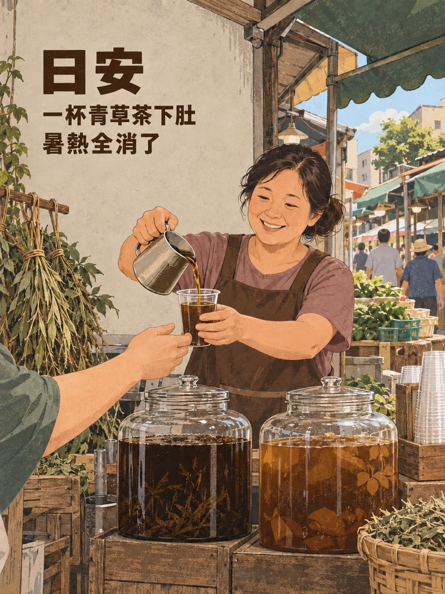 青草茶攤。圖中文字：日安，一杯青草茶下肚，暑熱全消了