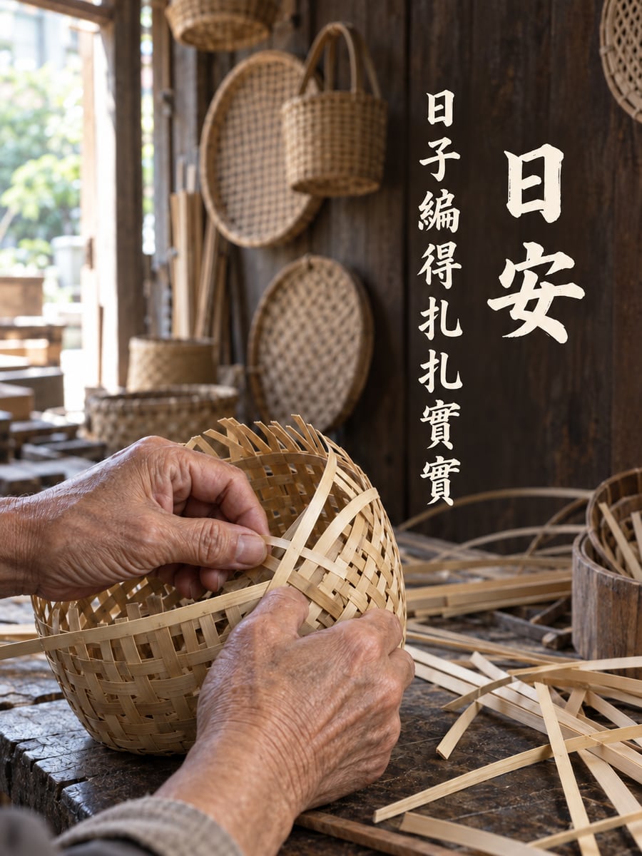 竹編的手。圖中文字：日安，日子編得扎扎實實