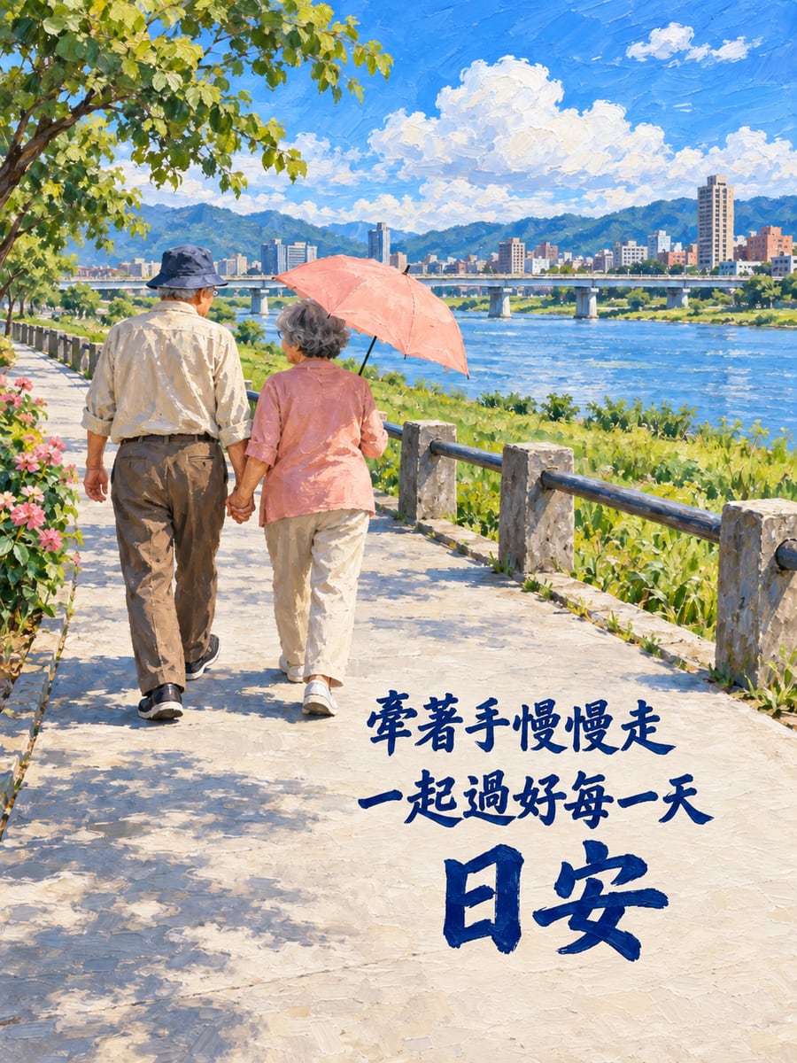 河堤牽手散步。圖中文字：日安，牽著手慢慢走，一起過好每一天