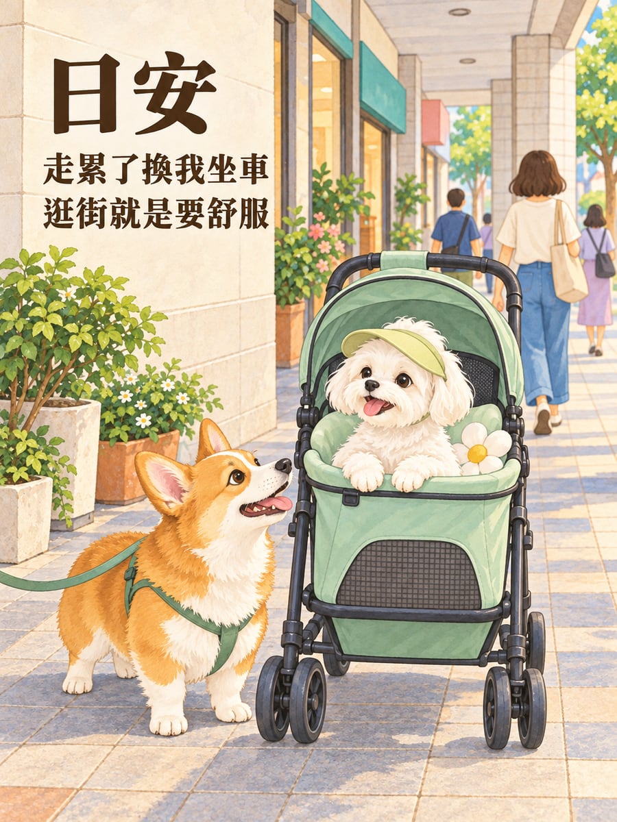 坐推車的狗。圖中文字：日安，走累了換我坐車，逛街就是要舒服