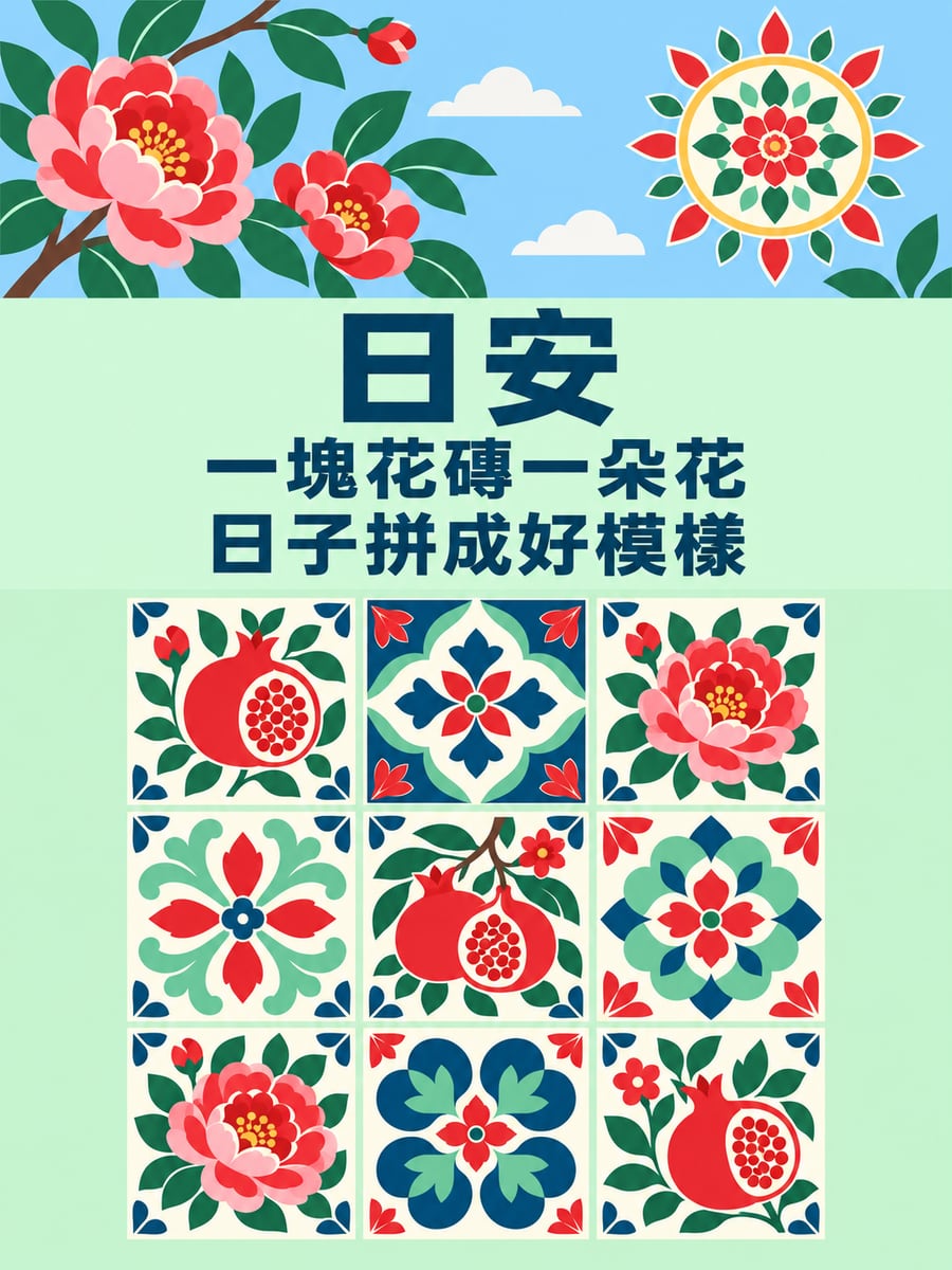 花磚太陽。圖中文字：日安，一塊花磚一朵花，日子拼成好模樣
