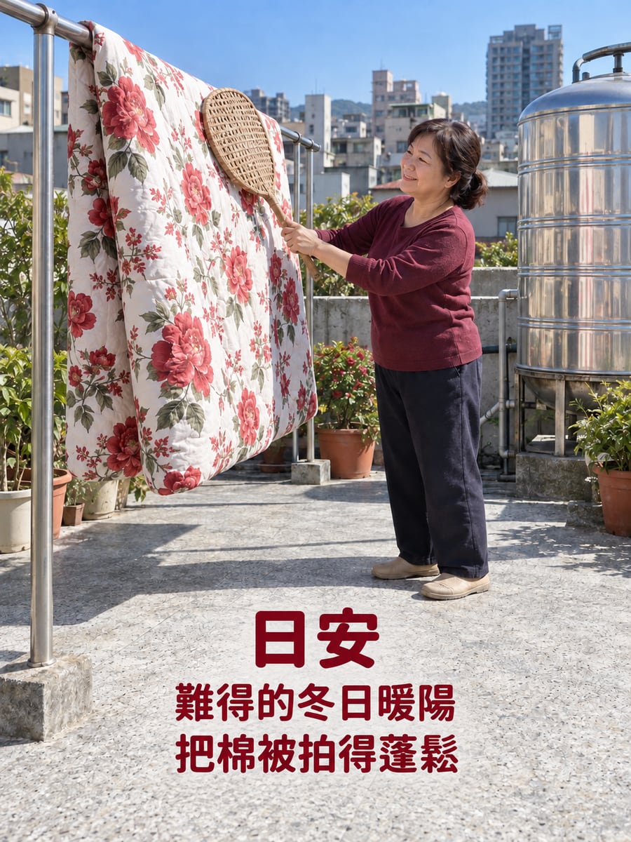 冬陽拍棉被。圖中文字：日安，難得的冬日暖陽，把棉被拍得蓬鬆