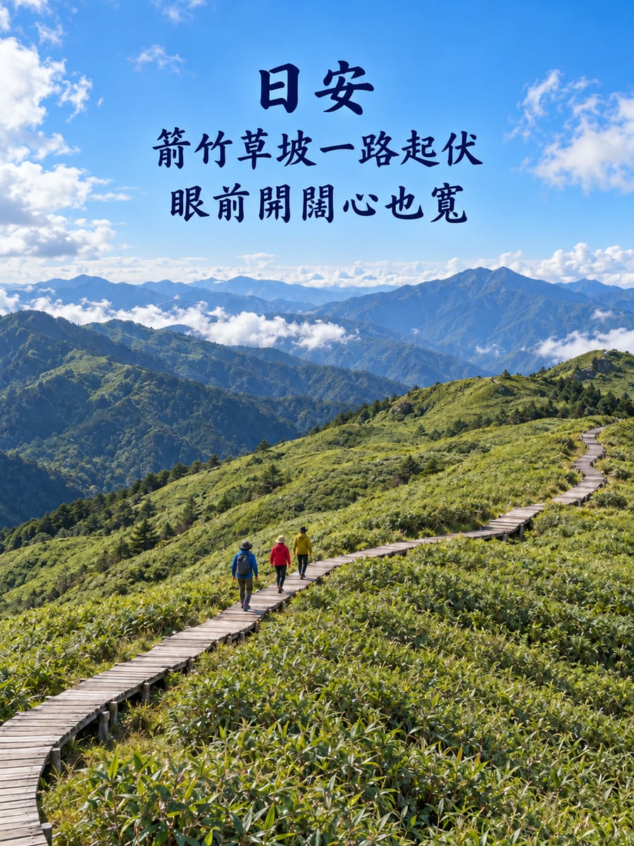 高山草原。圖中文字：日安，箭竹草坡一路起伏，眼前開闊心也寬