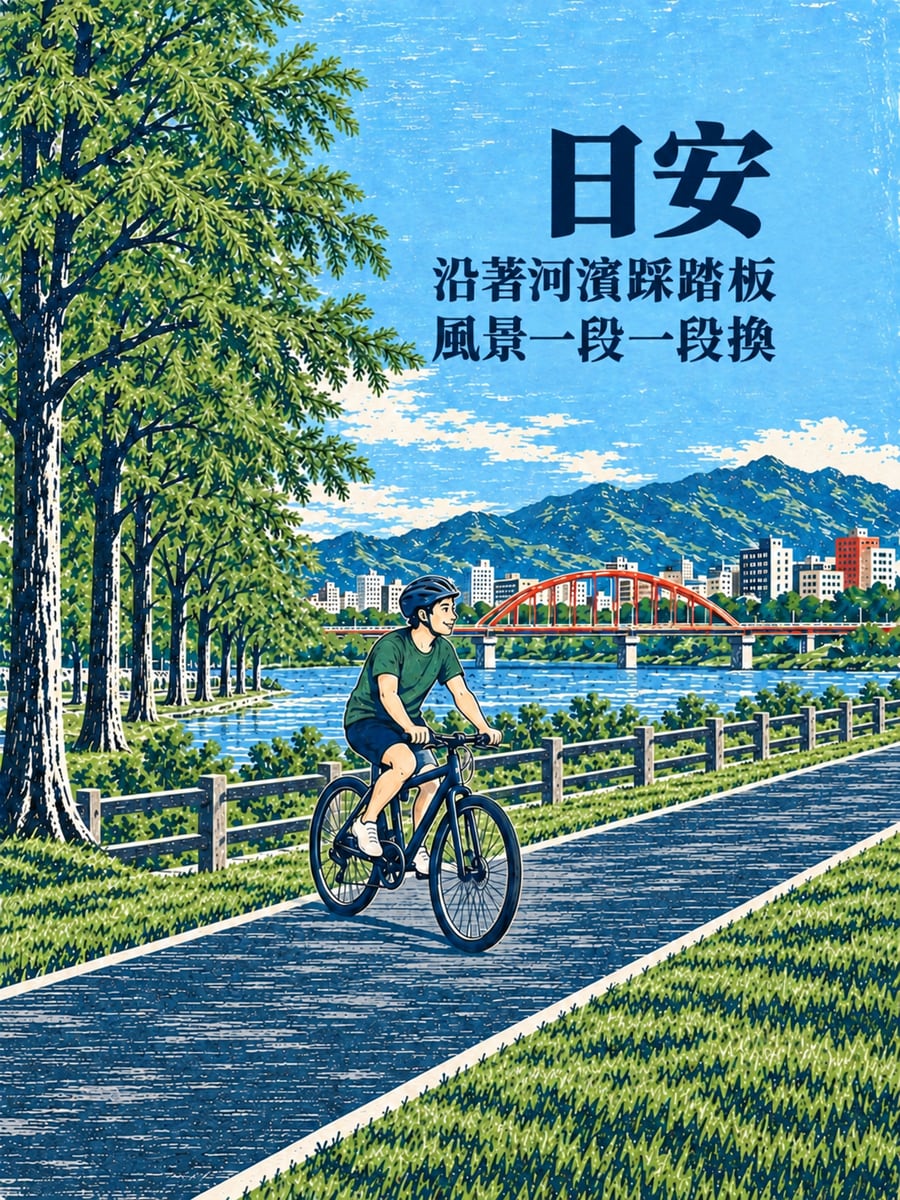 河濱自行車道。圖中文字：日安，沿著河濱踩踏板，風景一段一段換