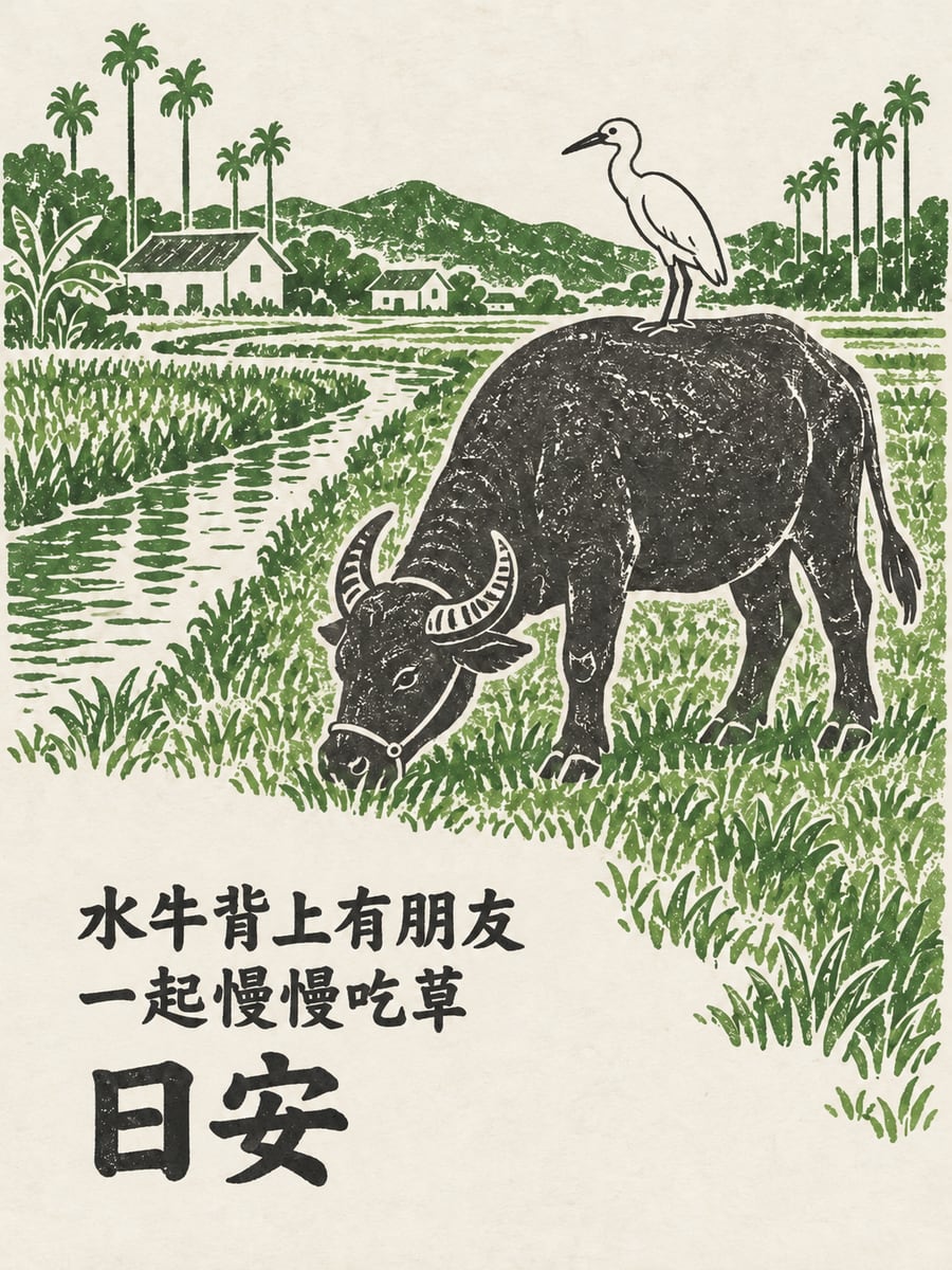 水牛與白鷺鷥。圖中文字：日安，水牛背上有朋友，一起慢慢吃草