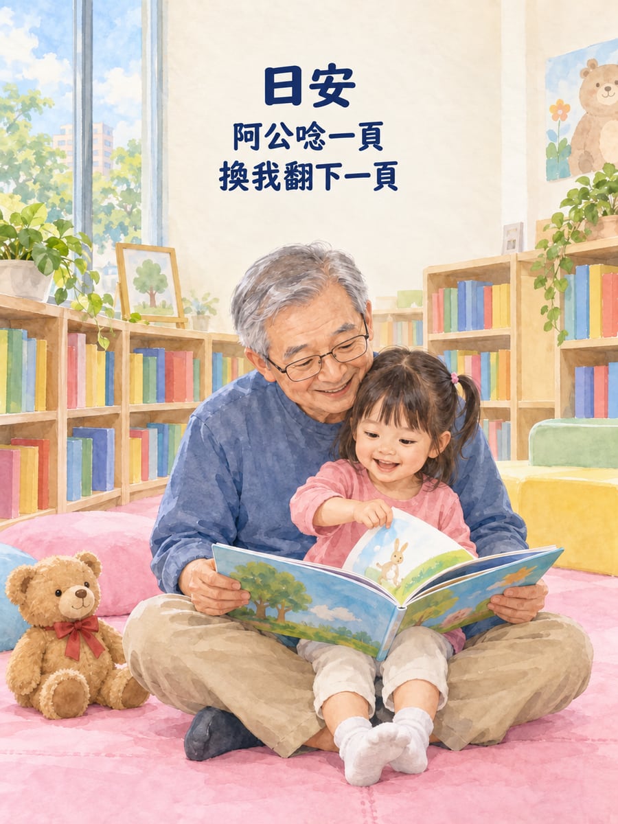 繪本區祖孫。圖中文字：日安，阿公唸一頁，換我翻下一頁