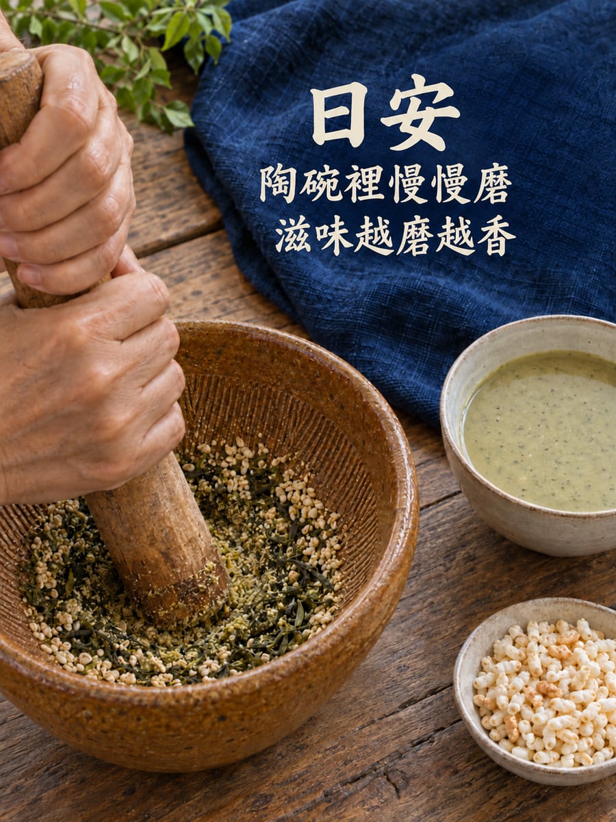 客家擂茶。圖中文字：日安，陶碗裡慢慢磨，滋味越磨越香