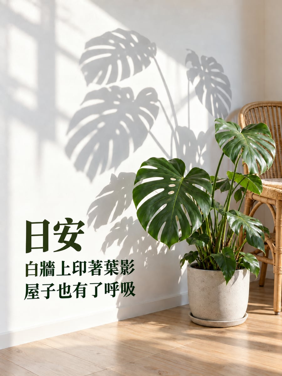 白牆葉影。圖中文字：日安，白牆上印著葉影，屋子也有了呼吸