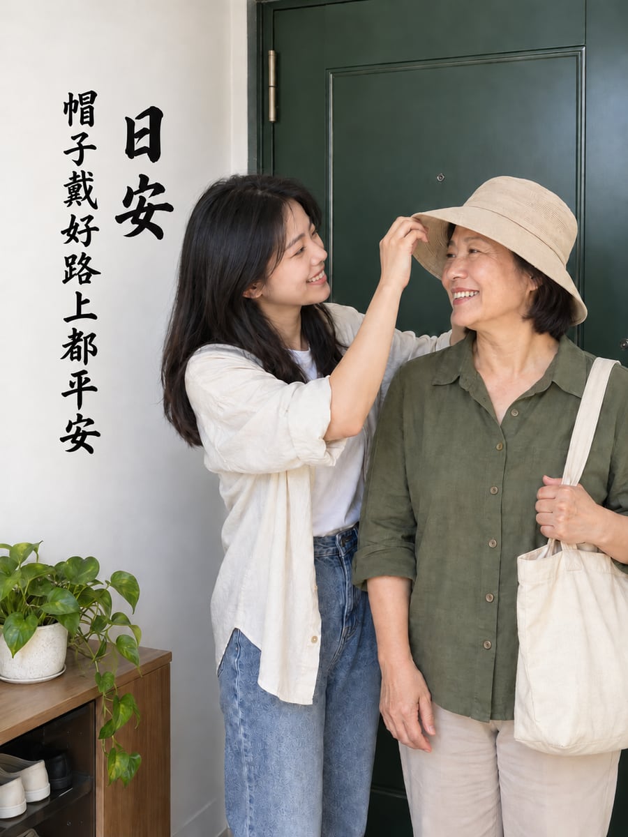 出門前戴好帽。圖中文字：日安，帽子戴好路上都平安
