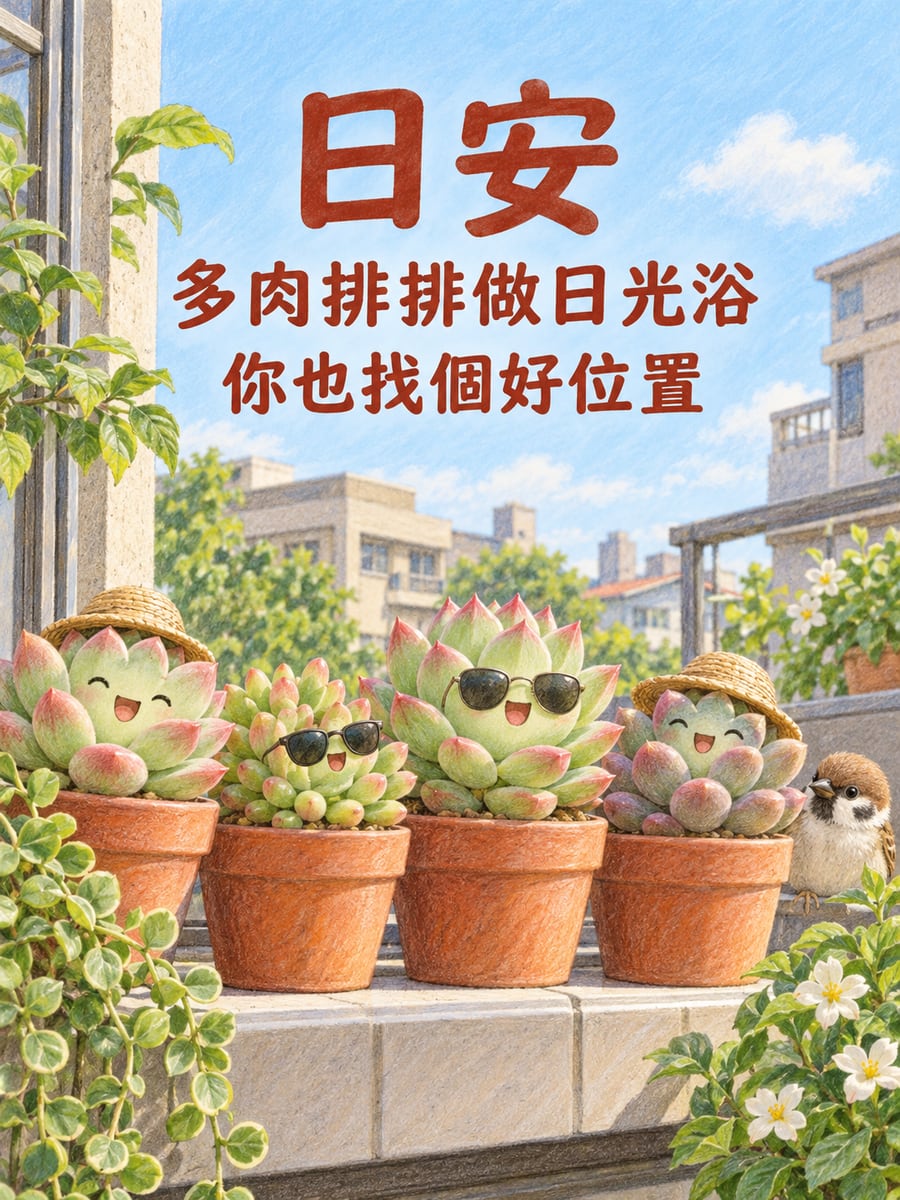 多肉日光浴。圖中文字：日安，多肉排排做日光浴，你也找個好位置