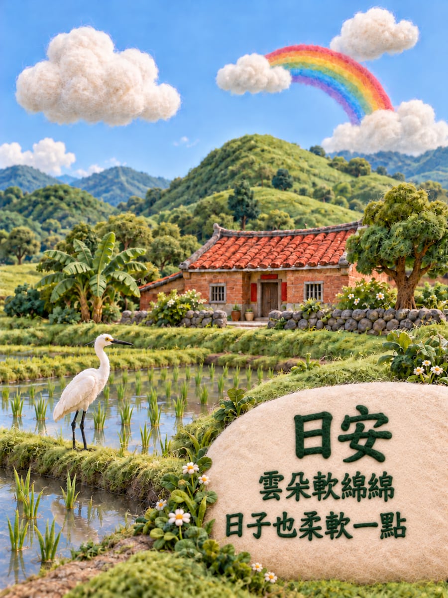 羊毛氈山雲。圖中文字：日安，雲朵軟綿綿，日子也柔軟一點