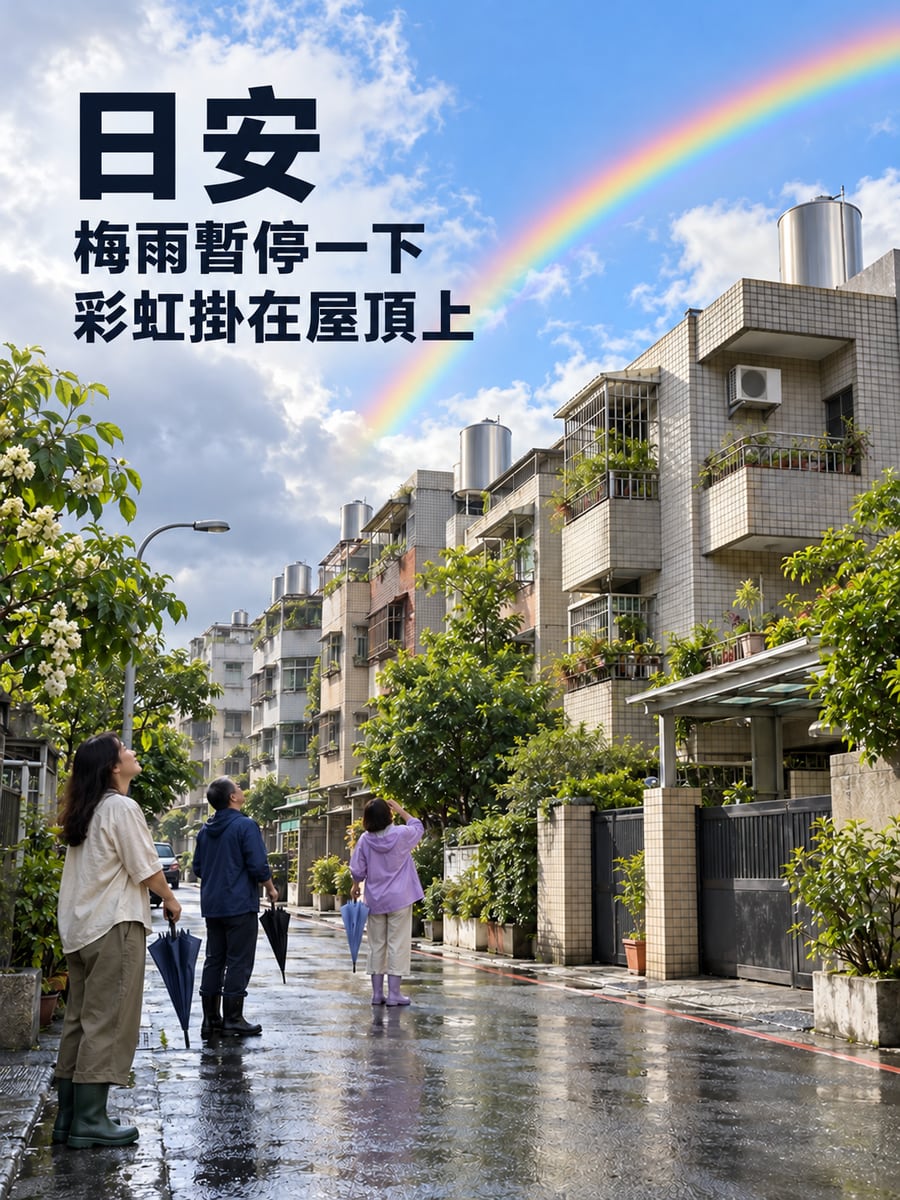梅雨後的彩虹。圖中文字：日安，梅雨暫停一下，彩虹掛在屋頂上